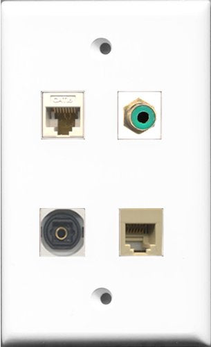 RiteAV 1 Port RCA Green and 1 Port Phone RJ11 RJ12 Beige and 1 Port Toslink and 1 Port Cat6 Ethernet White Wall Plate