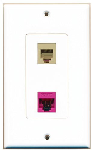 RiteAV - 1 Port Phone RJ11 RJ12 Beige - 1 Port Cat5e Ethernet Pink Wall Plate Decorative White - Bracket Included