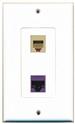 RiteAV - 1 Port Phone RJ11 RJ12 Beige - 1 Port Cat5e Ethernet Purple Wall Plate Decorative White - Bracket Included