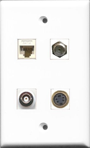 RiteAV 1 Port Coax Cable TV- F-Type and 1 Port S-Video and 1 Port BNC and 1 Port Cat6 Ethernet White Wall Plate