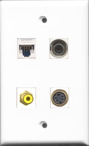 RiteAV - 1 Port RCA Yellow and 1 Port S-Video and 1 Port 3.5mm and 1 Port Cat5e Ethernet White Wall Plate