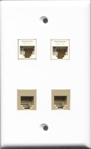 RiteAV - 2 Port Phone RJ11 RJ12 Beige 2 Port Cat6 Ethernet White Wall Plate