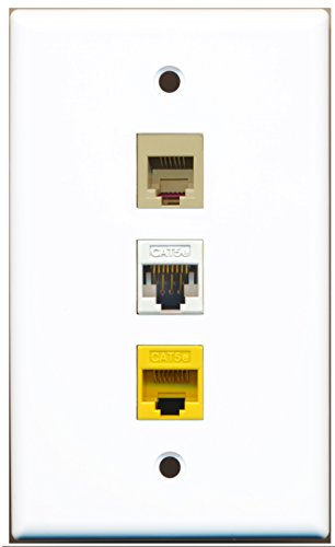 RiteAV - 1 Port Phone RJ11 RJ12 Beige 1 Cat5e Ethernet White 1 Cat5e Ethernet Yellow Wall Plate