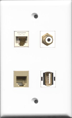 RiteAV 1 Port RCA White and 1 Port USB A-A and 1 Port Phone RJ11 RJ12 Beige and 1 Port Cat6 Ethernet White Wall Plate