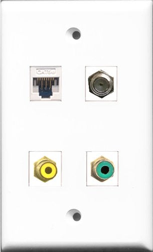 RiteAV - 1 Port RCA Yellow and 1 Port RCA Green and 1 Port Coax Cable TV- F-Type and 1 Port Cat5e Ethernet White Wall Plate