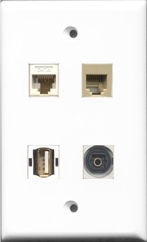 RiteAV 1 Port USB A-A and 1 Port Phone RJ11 RJ12 Beige and 1 Port Toslink and 1 Port Cat6 Ethernet White Wall Plate