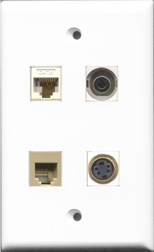 RiteAV 1 Port Phone RJ11 RJ12 Beige and 1 Port S-Video and 1 Port 3.5mm and 1 Port Cat6 Ethernet White Wall Plate