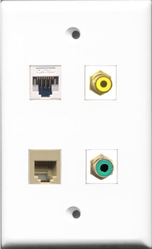 RiteAV 1 Port RCA Yellow and 1 Port RCA Green and 1 Port Phone RJ11 RJ12 Beige and 1 Port Cat5e Ethernet White Wall Plate