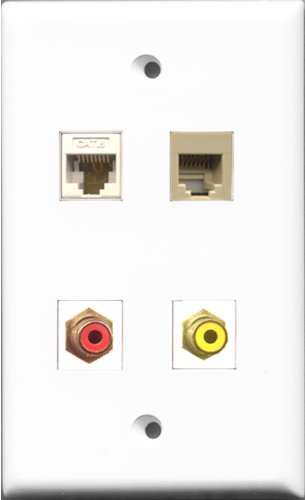 RiteAV 1 Port RCA Red and 1 Port RCA Yellow and 1 Port Phone RJ11 RJ12 Beige and 1 Port Cat6 Ethernet White Wall Plate