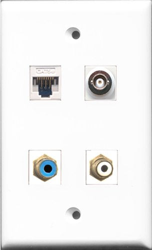 RiteAV - 1 Port RCA White and 1 Port RCA Blue and 1 Port BNC and 1 Port Cat5e Ethernet White Wall Plate