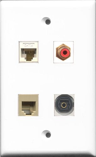 RiteAV 1 Port RCA Red and 1 Port Phone RJ11 RJ12 Beige and 1 Port Toslink and 1 Port Cat6 Ethernet White Wall Plate