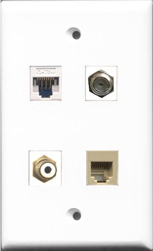 RiteAV - 1 Port RCA White and 1 Port Coax Cable TV- F-Type and 1 Port Phone RJ11 RJ12 Beige and 1 Port Cat5e Ethernet White Wall Plate