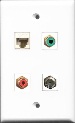 RiteAV 1 Port RCA Red and 1 Port RCA Green and 1 Port Coax Cable TV- F-Type and 1 Port Cat6 Ethernet White Wall Plate