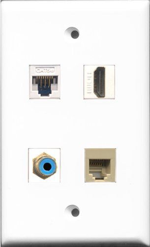 RiteAV - 1 Port HDMI and 1 Port RCA Blue and 1 Port Phone RJ11 RJ12 Beige and 1 Port Cat5e Ethernet White Wall Plate