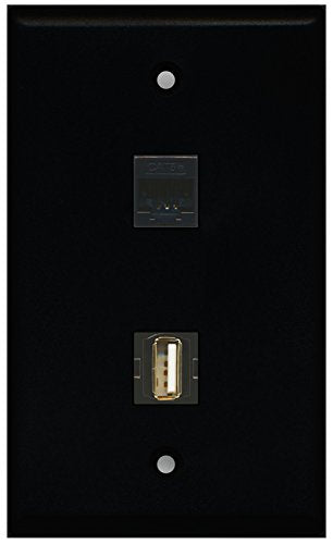 RiteAV - Black 1 Port USB A-A 1 Port Cat5e Ethernet Black Wall Plate