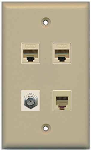 RiteAV 1 Port Coax Cable TV- F-Type and 1 Port Phone RJ11 RJ12 Beige 2 Port Cat6 Ethernet Wall Plate - Ivory