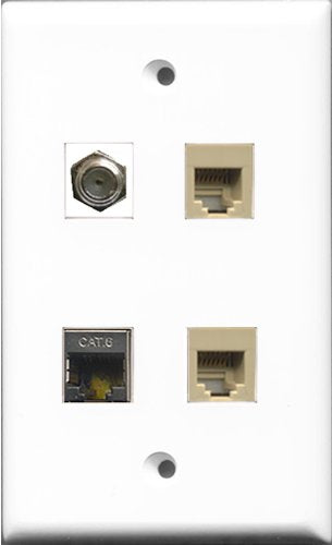 RiteAV 1 Port Coax Cable TV- F-Type 2 Port Phone RJ11 RJ12 Beige and 1 Port Shielded Cat6 Ethernet Wall Plate