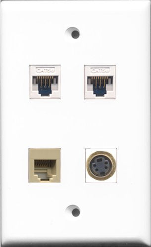 RiteAV - 1 Port Phone RJ11 RJ12 Beige and 1 Port S-Video 2 Port Cat5e Ethernet White Wall Plate