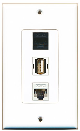 RiteAV - 1 Port USB A-A and 1 Port Cat5e Ethernet White and 1 Port Cat5e Ethernet Black Decorative Wall Plate Decorative
