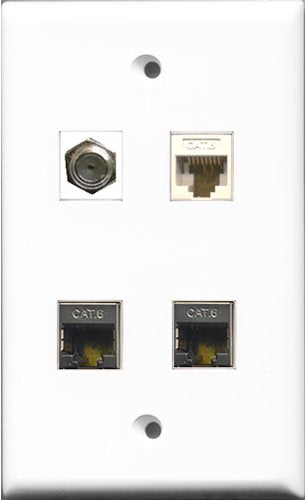 RiteAV 1 Port Coax Cable TV- F-Type 2 Port Shielded Cat6 Ethernet and 1 Port Cat6 Ethernet White Wall Plate