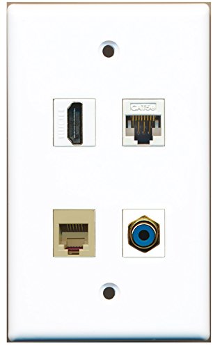 RiteAV - 1 Port HDMI 1 Port RCA Blue 1 Port Phone RJ11 RJ12 Beige 1 Port Cat5e Ethernet White Wall Plate