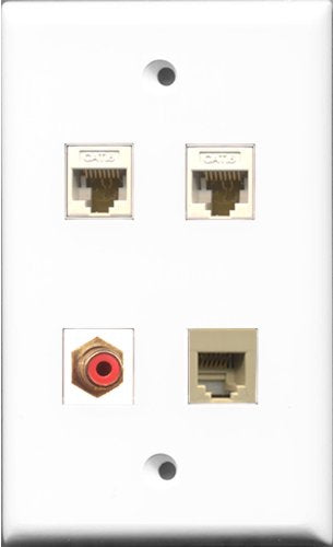 RiteAV 1 Port RCA Red and 1 Port Phone RJ11 RJ12 Beige 2 Port Cat6 Ethernet White Wall Plate
