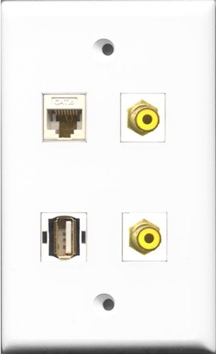RiteAV - 2 Port RCA Yellow and 1 Port USB A-A and 1 Port Cat6 Ethernet White Wall Plate