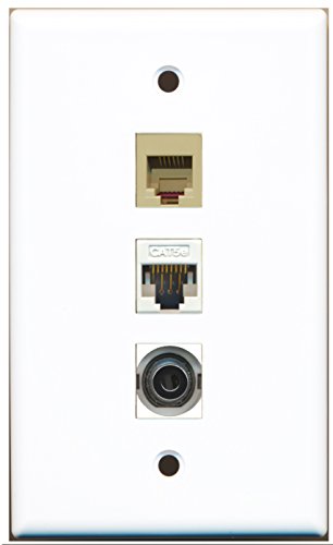RiteAV - 1 Port Phone RJ11 RJ12 Beige 1 3.5mm 1 Cat5e Ethernet White Wall Plate