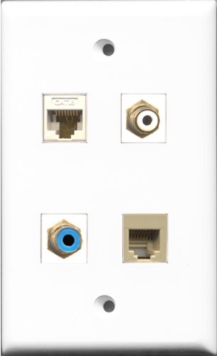 RiteAV 1 Port RCA White and 1 Port RCA Blue and 1 Port Phone RJ11 RJ12 Beige and 1 Port Cat6 Ethernet White Wall Plate
