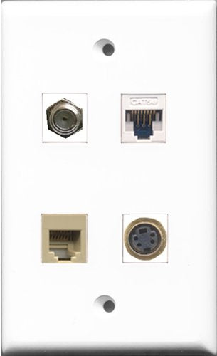 RiteAV 1 Port Coax Cable TV- F-Type and 1 Port Phone RJ11 RJ12 Beige and 1 Port S-Video and 1 Port Cat5e Ethernet White Wall Plate
