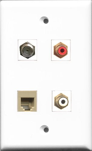 RiteAV 1 Port RCA Red and 1 Port RCA White and 1 Port Coax Cable TV- F-Type and 1 Port Phone RJ11 RJ12 Beige Wall Plate