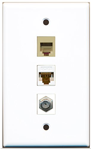 RiteAV - 1 Port Coax Cable TV- F-Type and 1 Port Phone RJ11 RJ12 Beige and 1 Port Cat6 Ethernet White Wall Plate