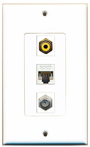 RiteAV - 1 Port RCA Yellow and 1 Port Coax Cable TV- F-Type and 1 Port Cat5e Ethernet White Decorative Wall Plate