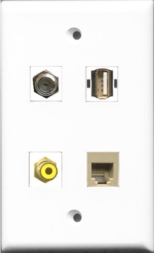 RiteAV 1 Port RCA Yellow and 1 Port Coax Cable TV- F-Type and 1 Port USB A-A and 1 Port Phone RJ11 RJ12 Beige Wall Plate
