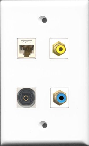 RiteAV 1 Port RCA Yellow and 1 Port RCA Blue and 1 Port Toslink and 1 Port Cat6 Ethernet White Wall Plate