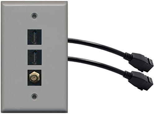 RiteAV (1 Gang Flat) 2 HDMI Black Coax Wall Plate w/ Pigtail Extension Cable Gray