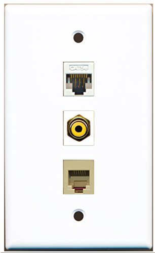 RiteAV - 1 Port RCA Yellow and 1 Port Phone RJ11 RJ12 Beige and 1 Port Cat5e Ethernet White Wall Plate