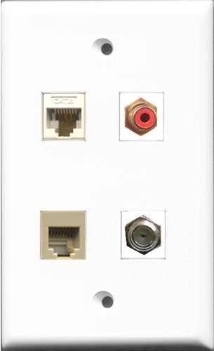 RiteAV 1 Port RCA Red and 1 Port Coax Cable TV- F-Type and 1 Port Phone RJ11 RJ12 Beige and 1 Port Cat6 Ethernet White Wall Plate