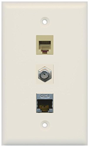 RiteAV - 1 Port Coax Cable TV- F-Type Phone RJ11 RJ12 and Shielded Cat6 Ethernet Wall Plate - Light Almond