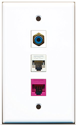 RiteAV - 1 Port RCA Blue 1 Cat5e Ethernet White 1 Cat5e Ethernet Pink Wall Plate