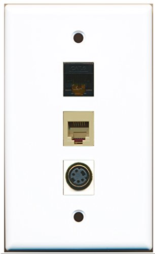 RiteAV - 1 Port Phone RJ11 RJ12 Beige and 1 Port S-Video and 1 Port Cat6 Ethernet Black Wall Plate