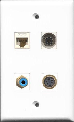 RiteAV 1 Port RCA Blue and 1 Port S-Video and 1 Port 3.5mm and 1 Port Cat6 Ethernet White Wall Plate