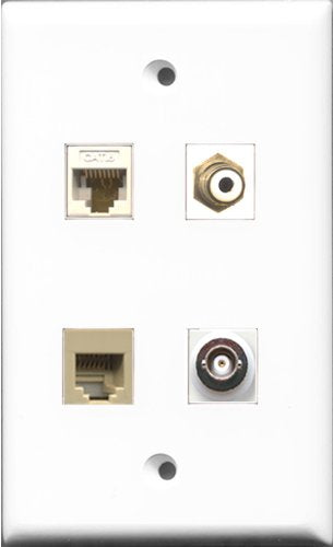 RiteAV 1 Port RCA White and 1 Port Phone RJ11 RJ12 Beige and 1 Port BNC and 1 Port Cat6 Ethernet White Wall Plate