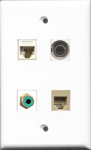RiteAV 1 Port RCA Green and 1 Port Phone RJ11 RJ12 Beige and 1 Port 3.5mm and 1 Port Cat6 Ethernet White Wall Plate