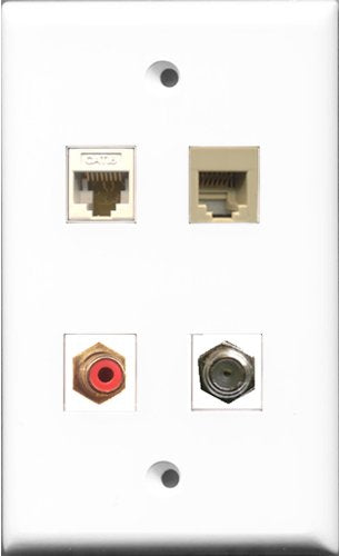RiteAV 1 Port RCA Red and 1 Port Coax Cable TV- F-Type and 1 Port Phone RJ11 RJ12 Beige and 1 Port Cat6 Ethernet White Wall Plate