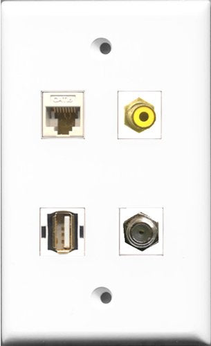 RiteAV 1 Port RCA Yellow and 1 Port Coax Cable TV- F-Type and 1 Port USB A-A and 1 Port Cat6 Ethernet White Wall Plate