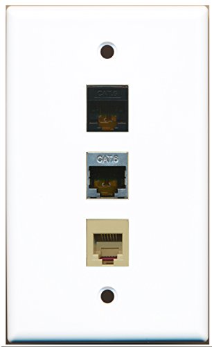 RiteAV - 1 Port Phone RJ11 RJ12 Beige and 1 Port Shielded Cat6 Ethernet and 1 Port Cat6 Ethernet Black Wall Plate