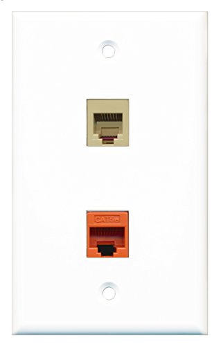 RiteAV - 1 Port Phone RJ11 RJ12 Beige - 1 Port Cat5e Ethernet Orange Wall Plate White - Bracket Included