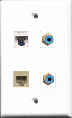 RiteAV - 2 Port RCA Blue and 1 Port Phone RJ11 RJ12 Beige and 1 Port Cat5e Ethernet White Wall Plate