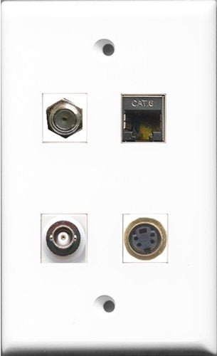 RiteAV 1 Port Coax Cable TV- F-Type and 1 Port S-Video and 1 Port Shielded Cat6 Ethernet and 1 Port BNC Wall Plate
